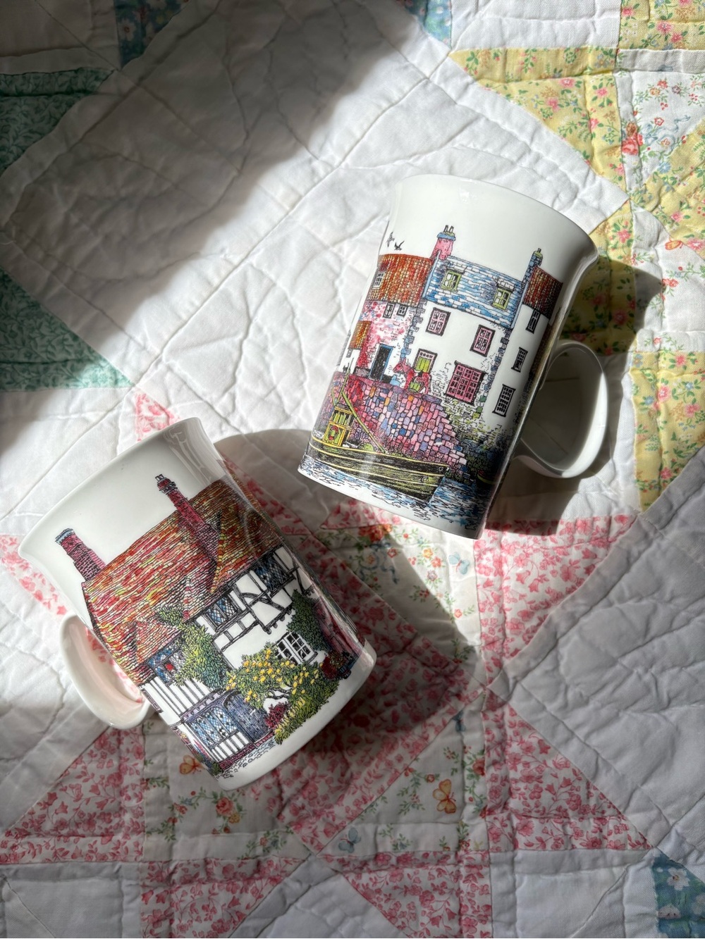 Vintage Sue Scullard Cottage Scene Porcelain Mug Pair 2 England Bone China Cups